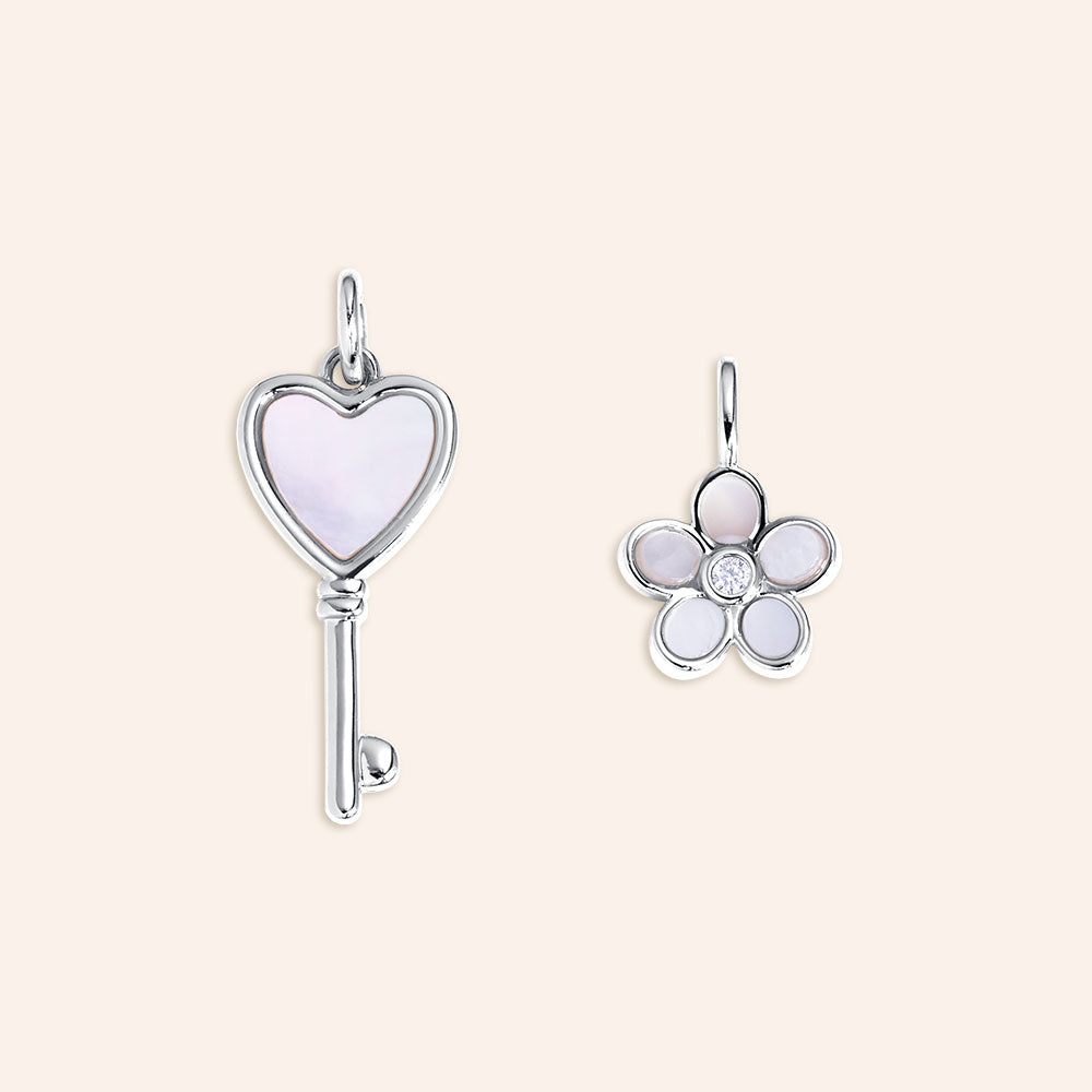 "Key To My Heart" Set of Two Mother of Pearl Flower & Key Charms