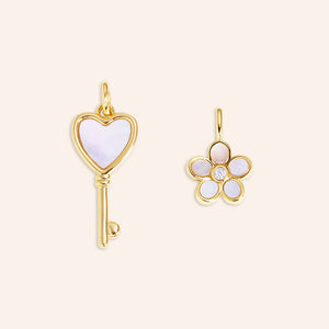 "Key To My Heart" Set of Two Mother of Pearl Flower & Key Charms