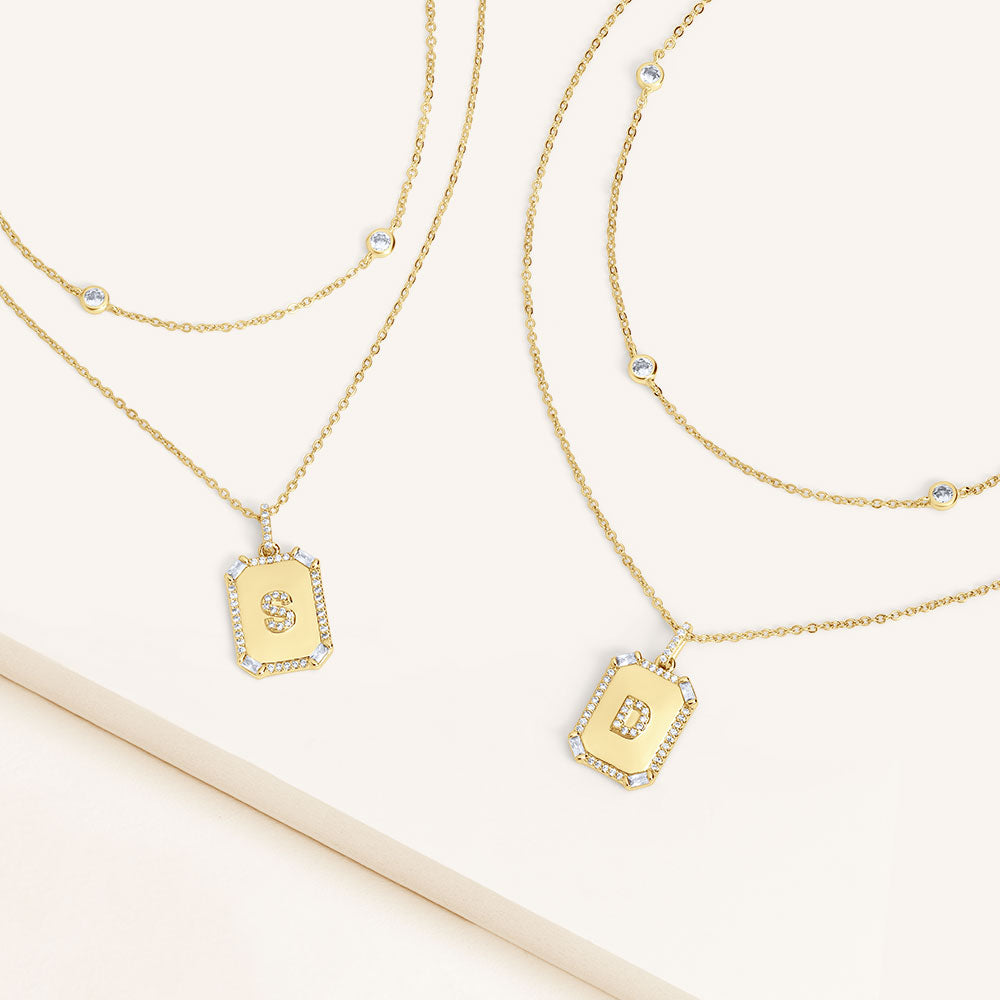 "Twin Token" Set of Two Baguette Initial Plate & Station Layering Necklaces