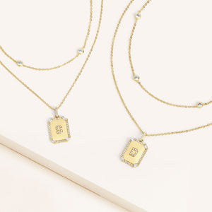 "Twin Token" Set of Two Baguette Initial Plate & Station Layering Necklaces