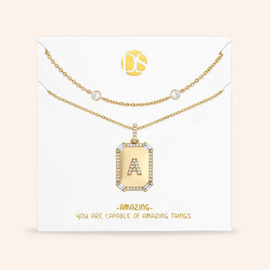 "Twin Token" Set of Two Baguette Initial Plate & Station Layering Necklaces