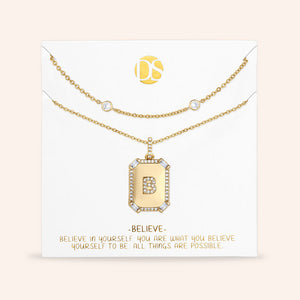 "Twin Token" Set of Two Baguette Initial Plate & Station Layering Necklaces