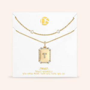 "Twin Token" Set of Two Baguette Initial Plate & Station Layering Necklaces