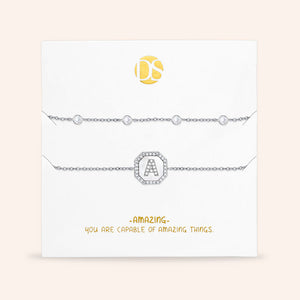 "Twin Token" Set of Two Initial Plate & Station Pull-tie Bracelets