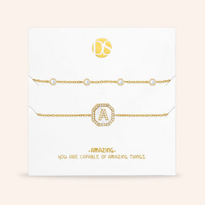 "Twin Token" Set of Two Initial Plate & Station Pull-tie Bracelets