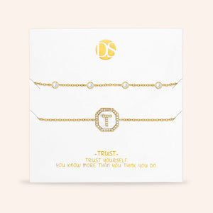 "Twin Token" Set of Two Initial Plate & Station Pull-tie Bracelets