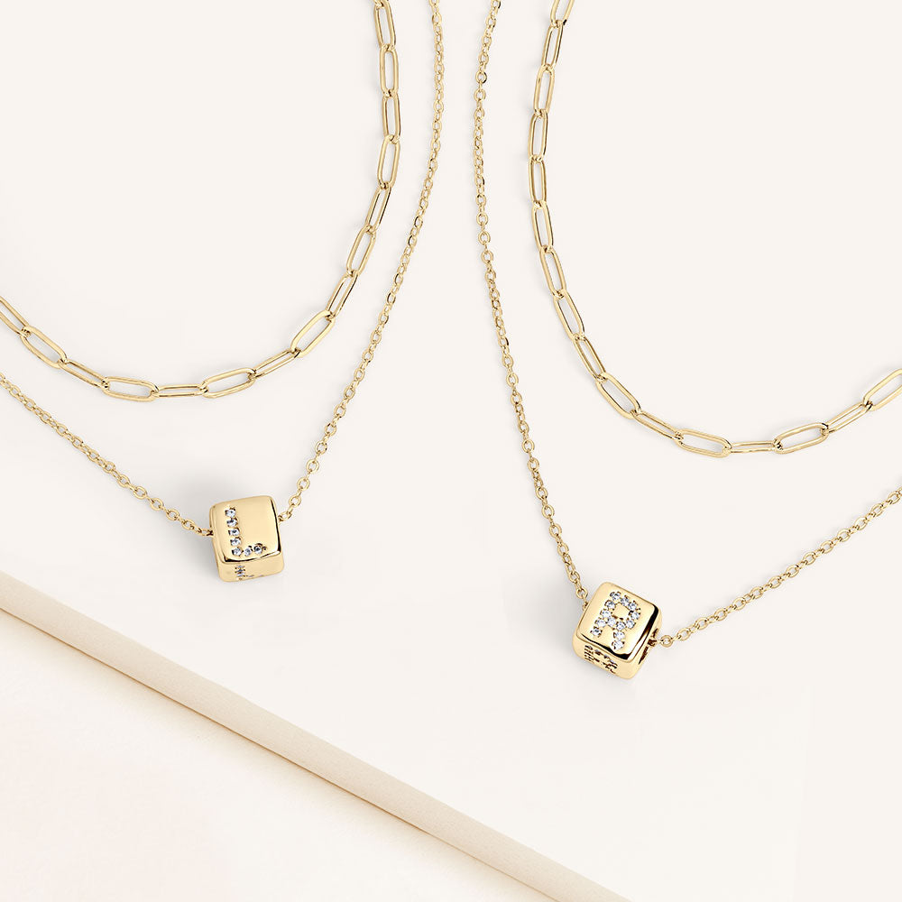 "Whispers" Set of Two Initial Cube & Clip Chain Layering Necklaces