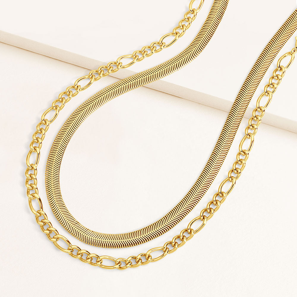 "Arlette" Set of Two Herringbone & Figaro Chain Layering Necklace
