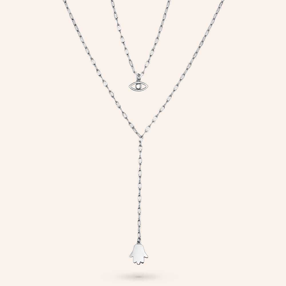 "Good Vibes" Set of Two Hand & Evil Eye Y Design Layering Necklace