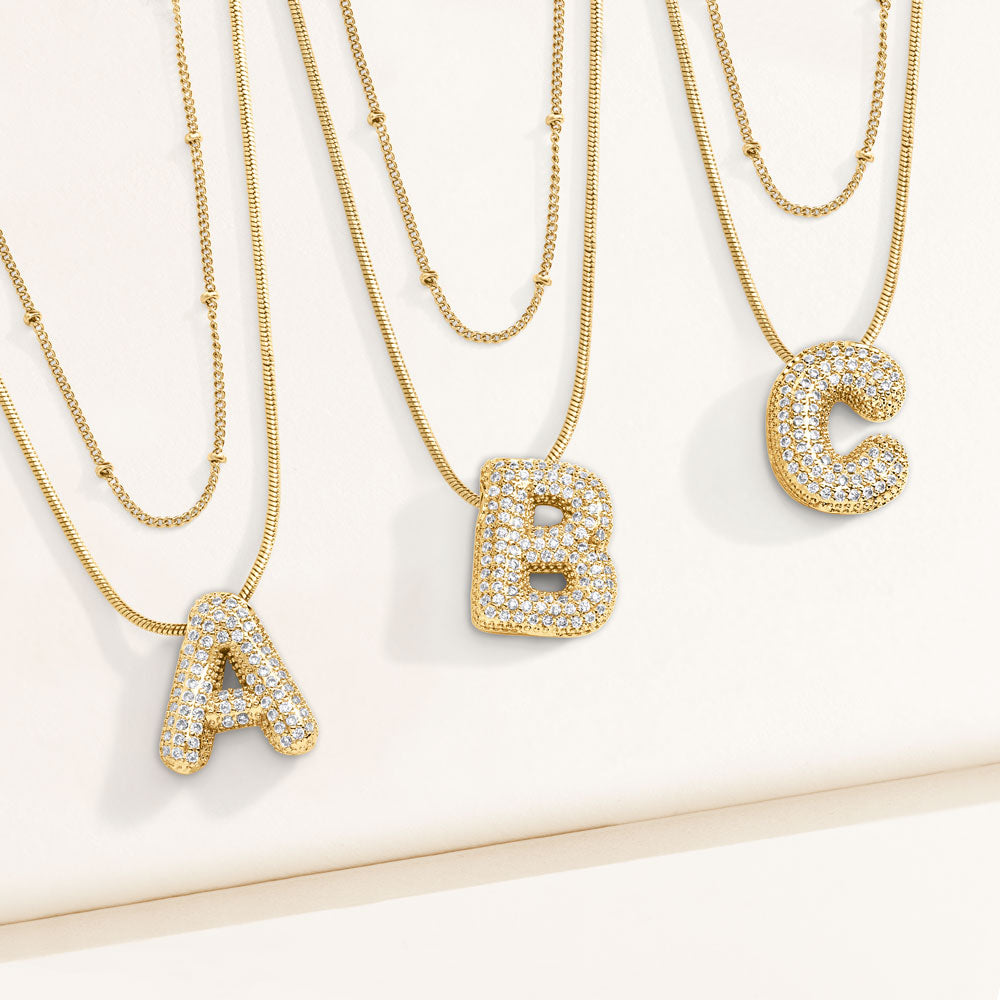 "Bubbly Shine"  Set of Two Initial Letter  & Curb chain Layering Necklace
