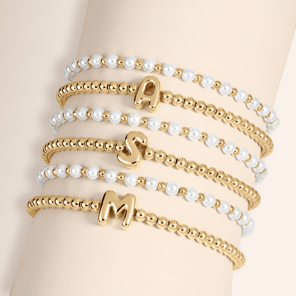 "Yours to Keep" Set of 2 Initial & Pearl Stretch Bracelets