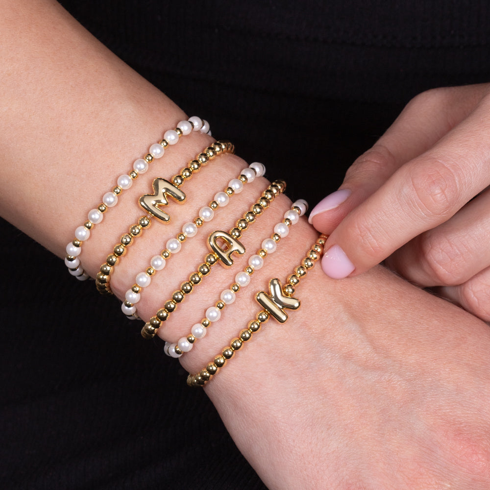"Yours to Keep" Set of 2 Initial & Pearl Stretch Bracelets