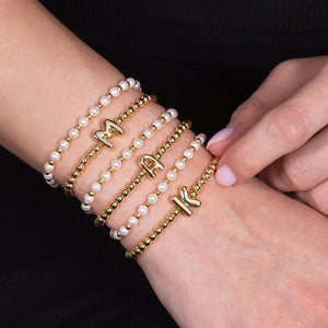 "Yours to Keep" Set of 2 Initial & Pearl Stretch Bracelets