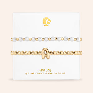 "Yours to Keep" Set of 2 Initial & Pearl Stretch Bracelets