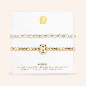 "Yours to Keep" Set of 2 Initial & Pearl Stretch Bracelets