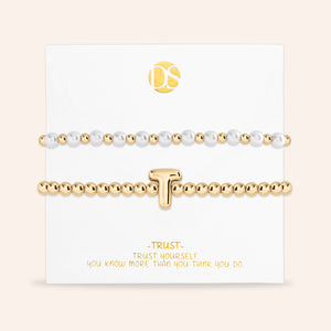 "Yours to Keep" Set of 2 Initial & Pearl Stretch Bracelets