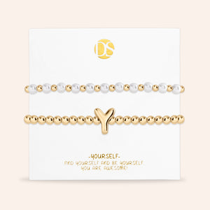 "Yours to Keep" Set of 2 Initial & Pearl Stretch Bracelets