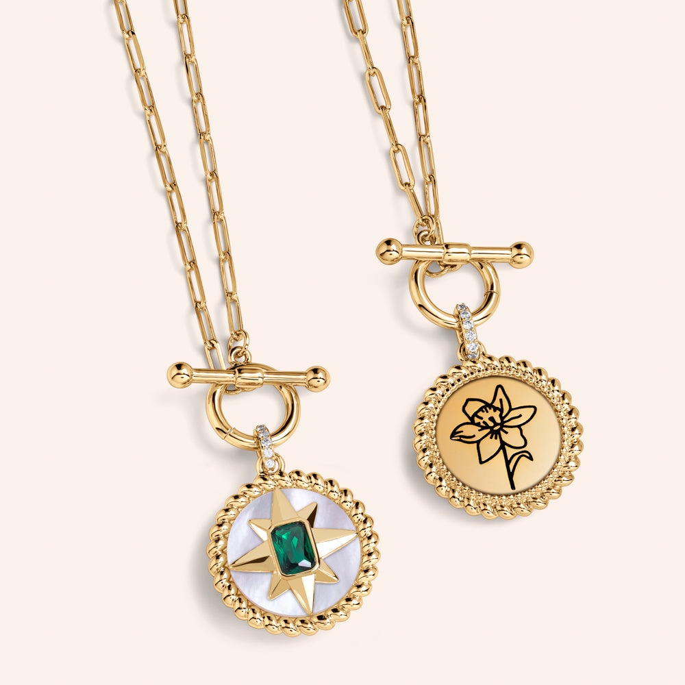 My Essence Mother of Pearl Reversible Medallion Birthstone Necklace