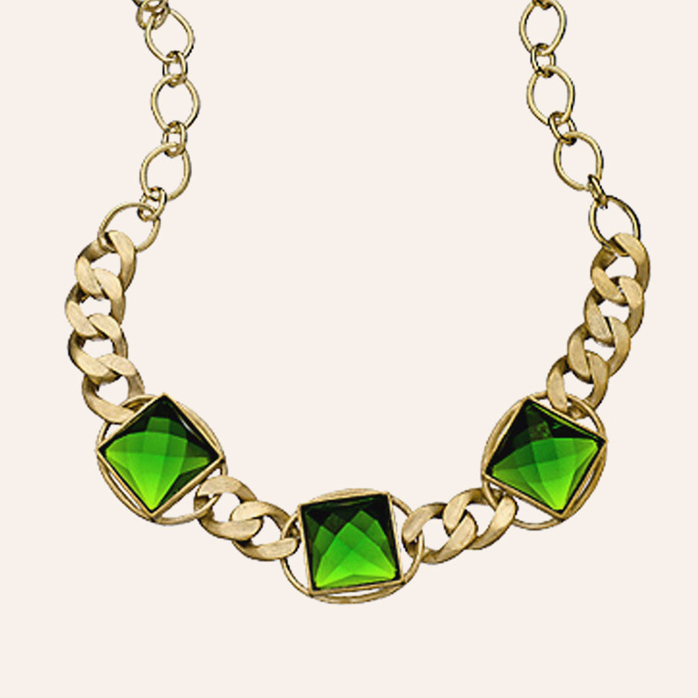 18K Yg Plated, Green Crystal Squares, Linked Candy Necklace