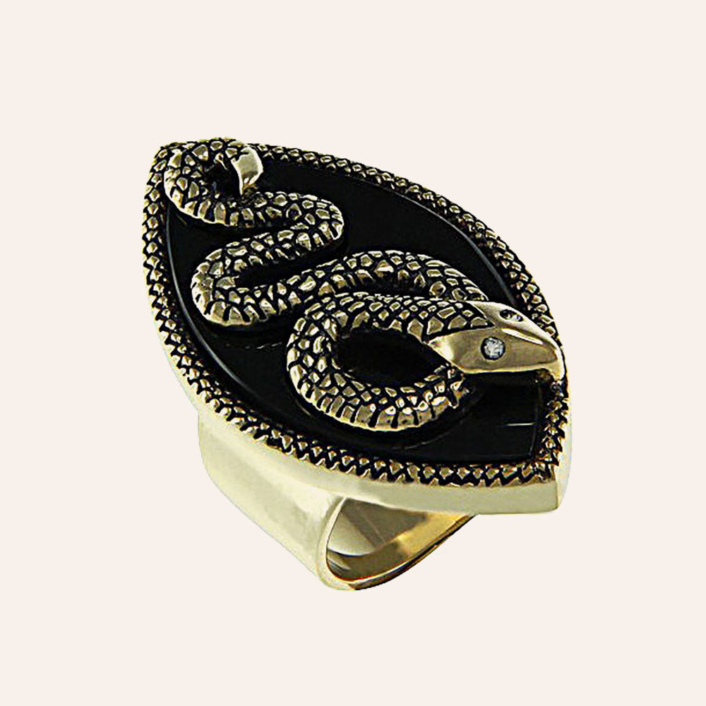 "Serpent" Onyx and CZ Goldtone Ring