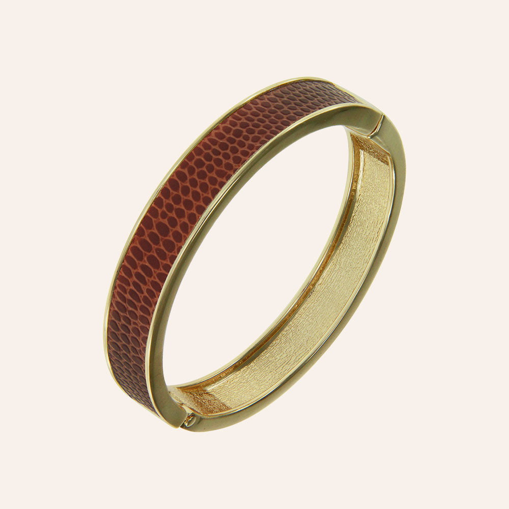 "Sabi Colori" Sienna Brown Lizard Inlay Thin Hinge Bangle -Silvertone