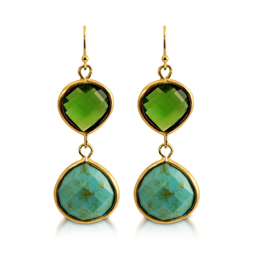 18K Yg Plated, Faceted Turquoise And Green Crystal Candy Earrings
