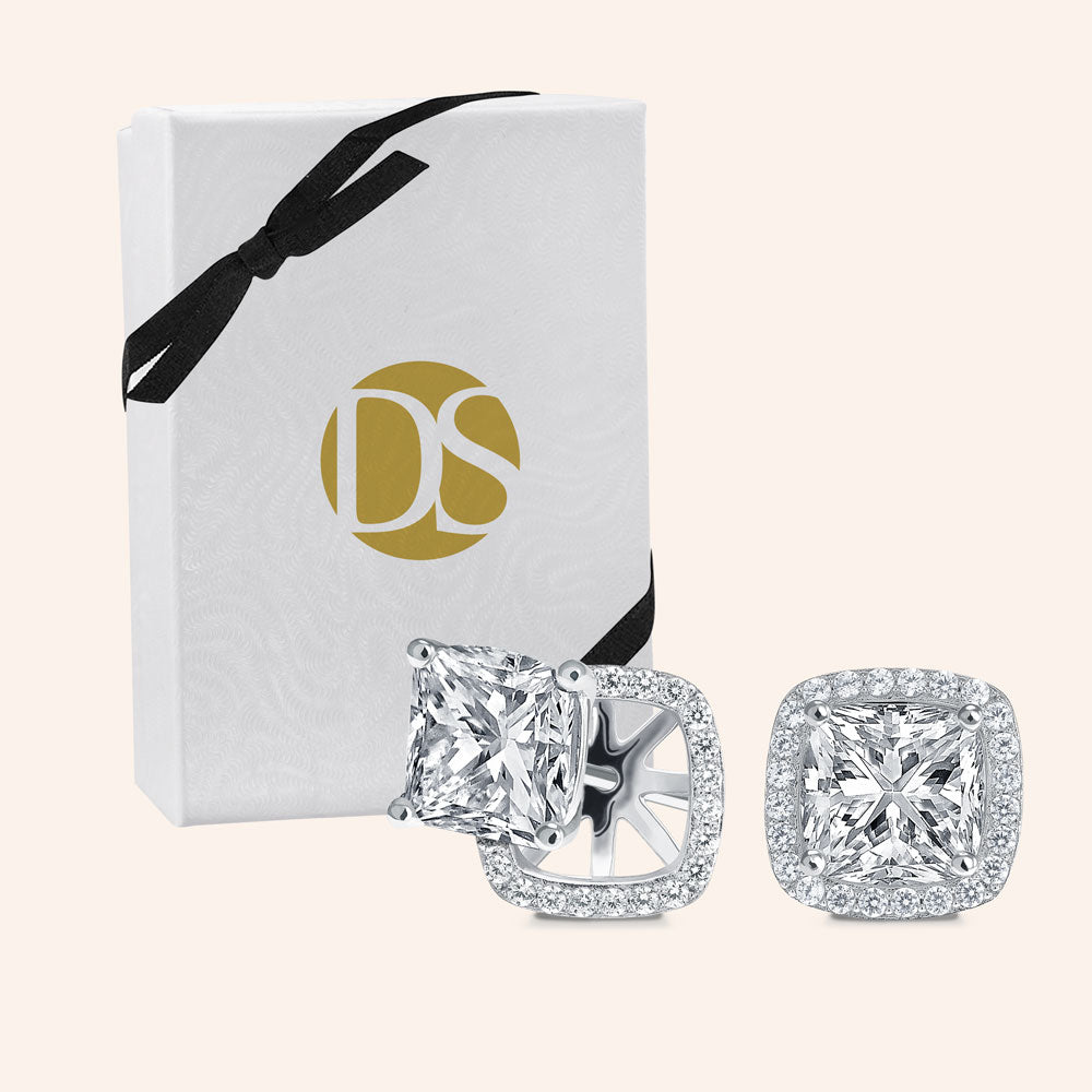 Rachel” 8ct Princess Cut Halo Stud Earrings and Jackets - DSF Jewels