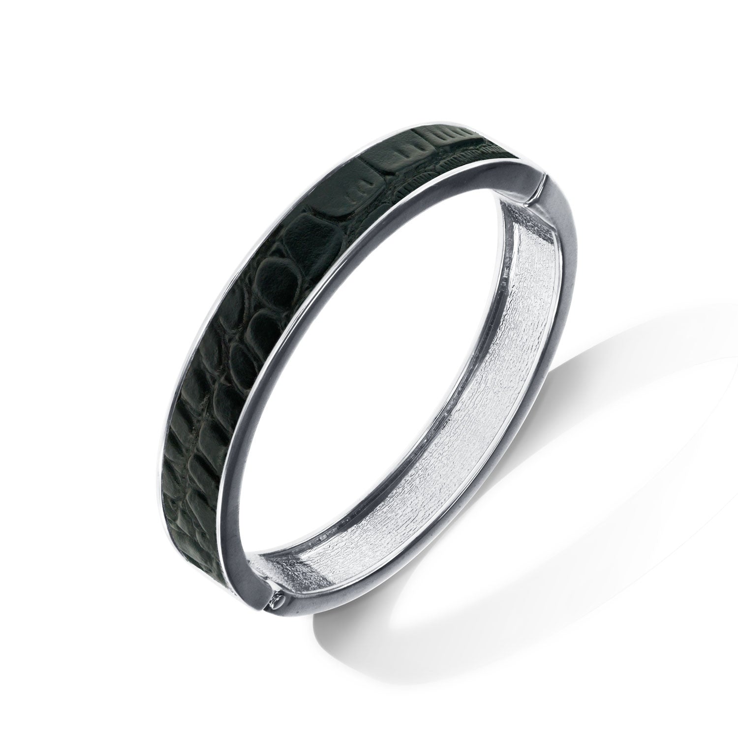 "Sabi Colori" Noir Black Inlay Thin Hinge Bangle -Silvertone