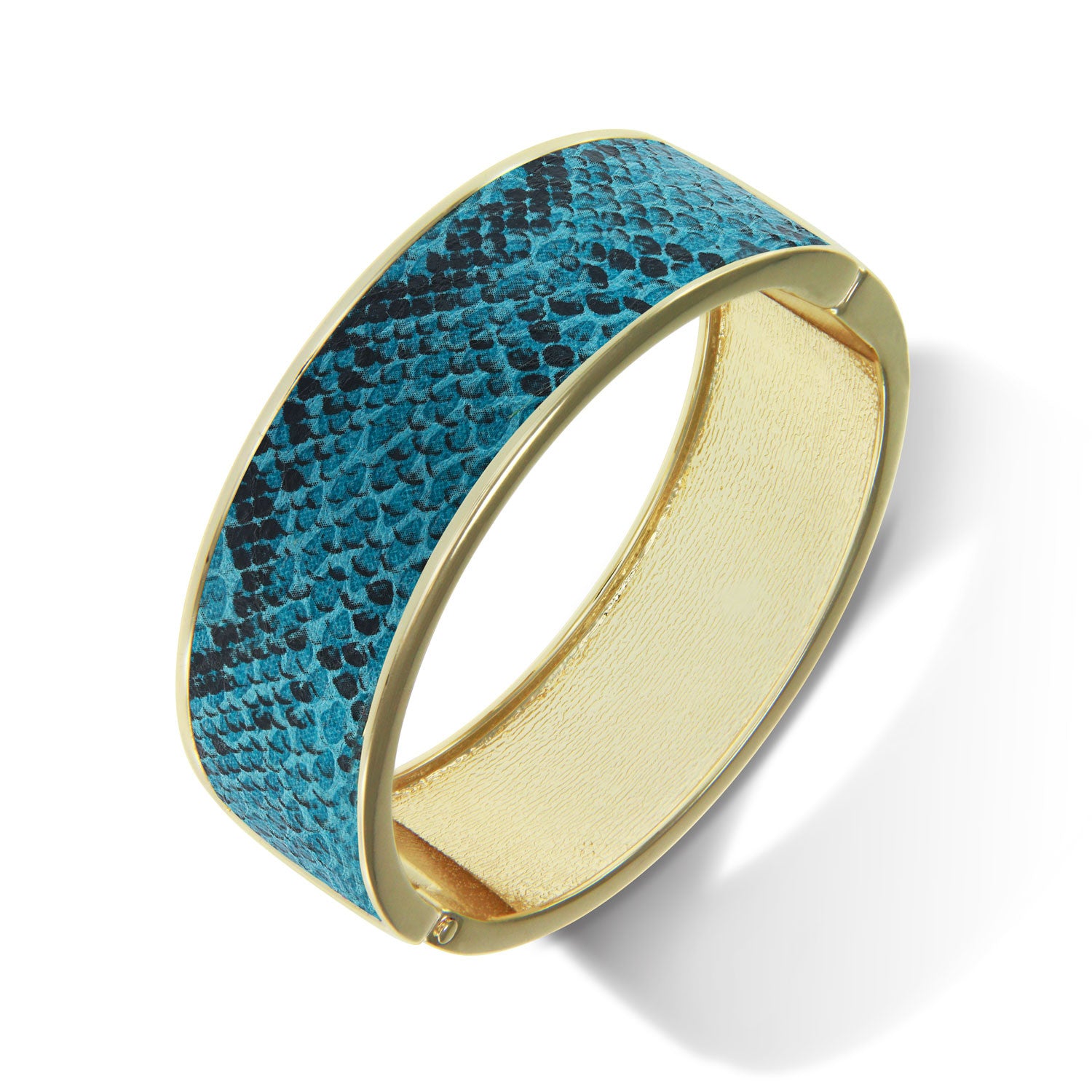 "Sabi Colori" Viridian Blue Python Inlay Wide Hinge Bangle- Goldtone