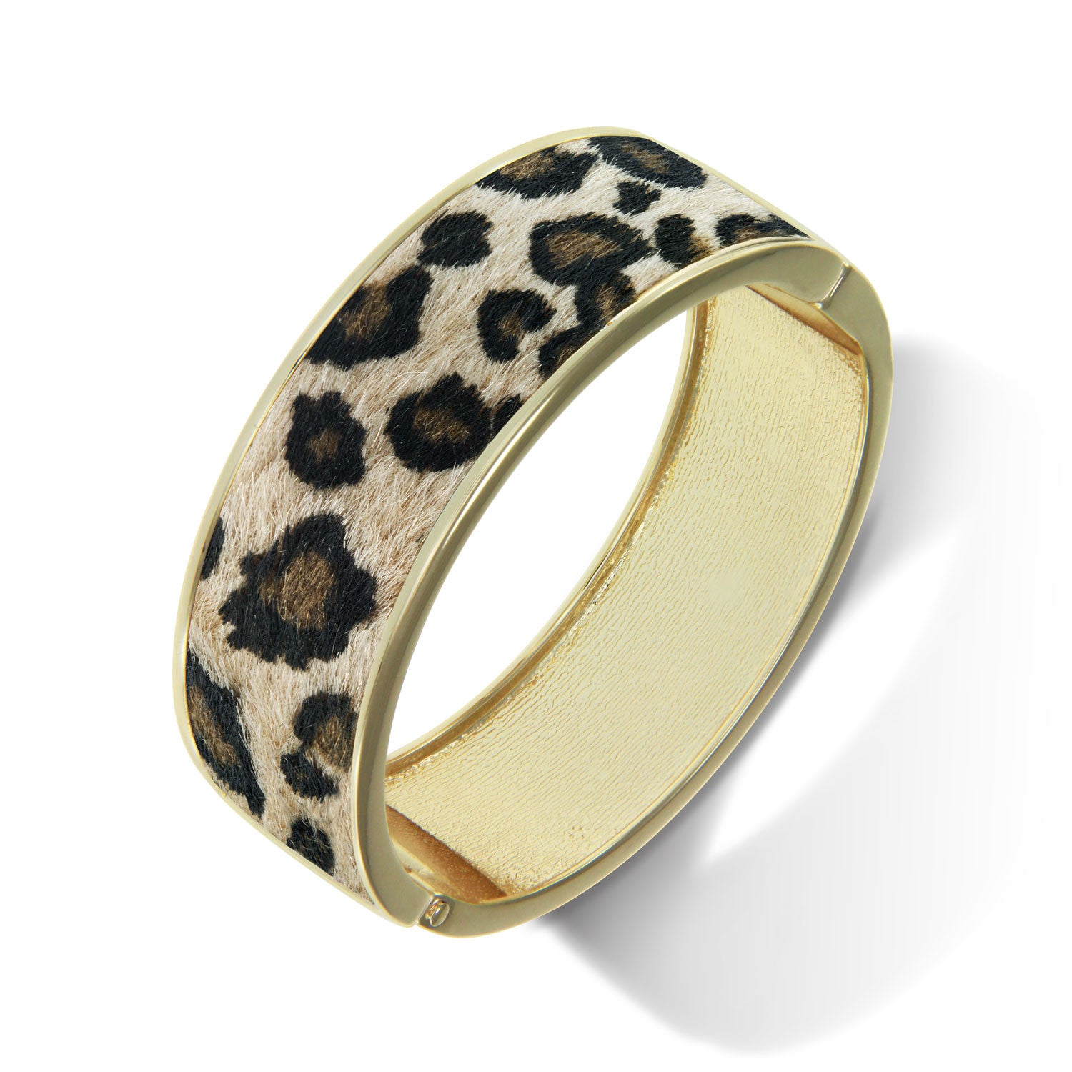 "Sabi Colori" Leopard Love Mohair Inlay Wide Hinge Bangle- Goldtone