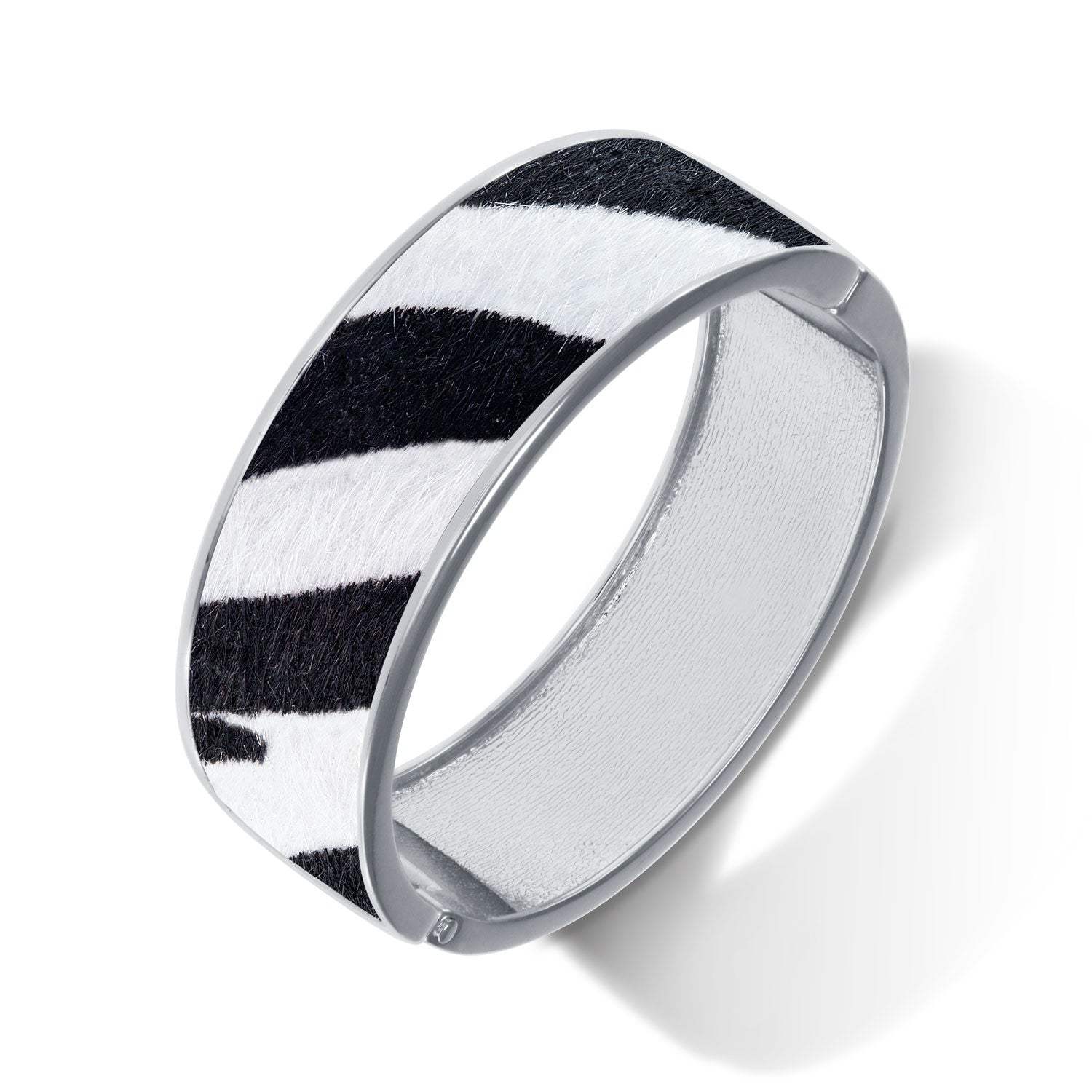 "Sabi Colori" Zebra Sahara Mohair Inlay Wide Hinge Bangle- Silvertone