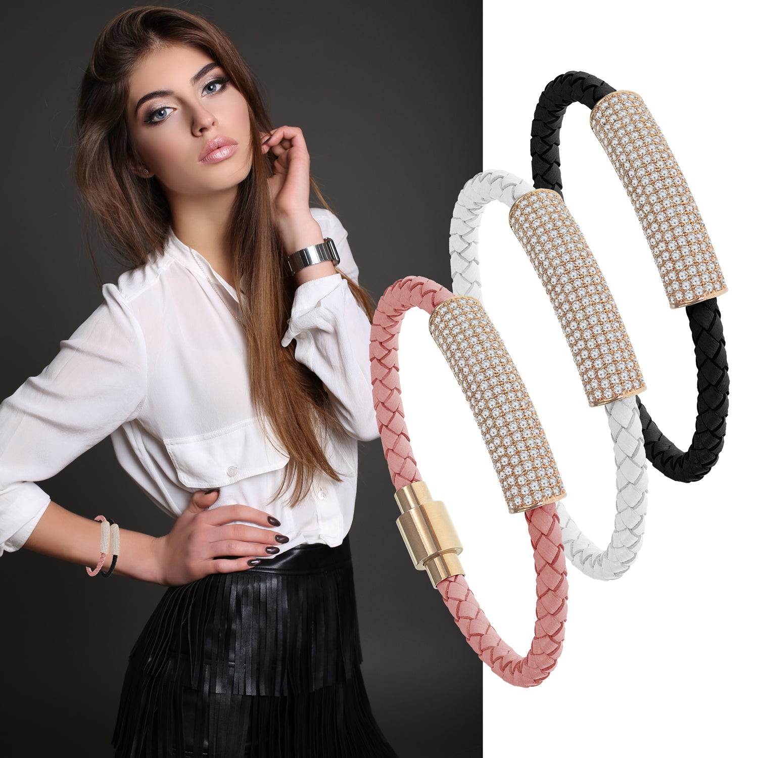 "Icon Forever" Woven Genuine Leather Bracelet - Rose Gold - White