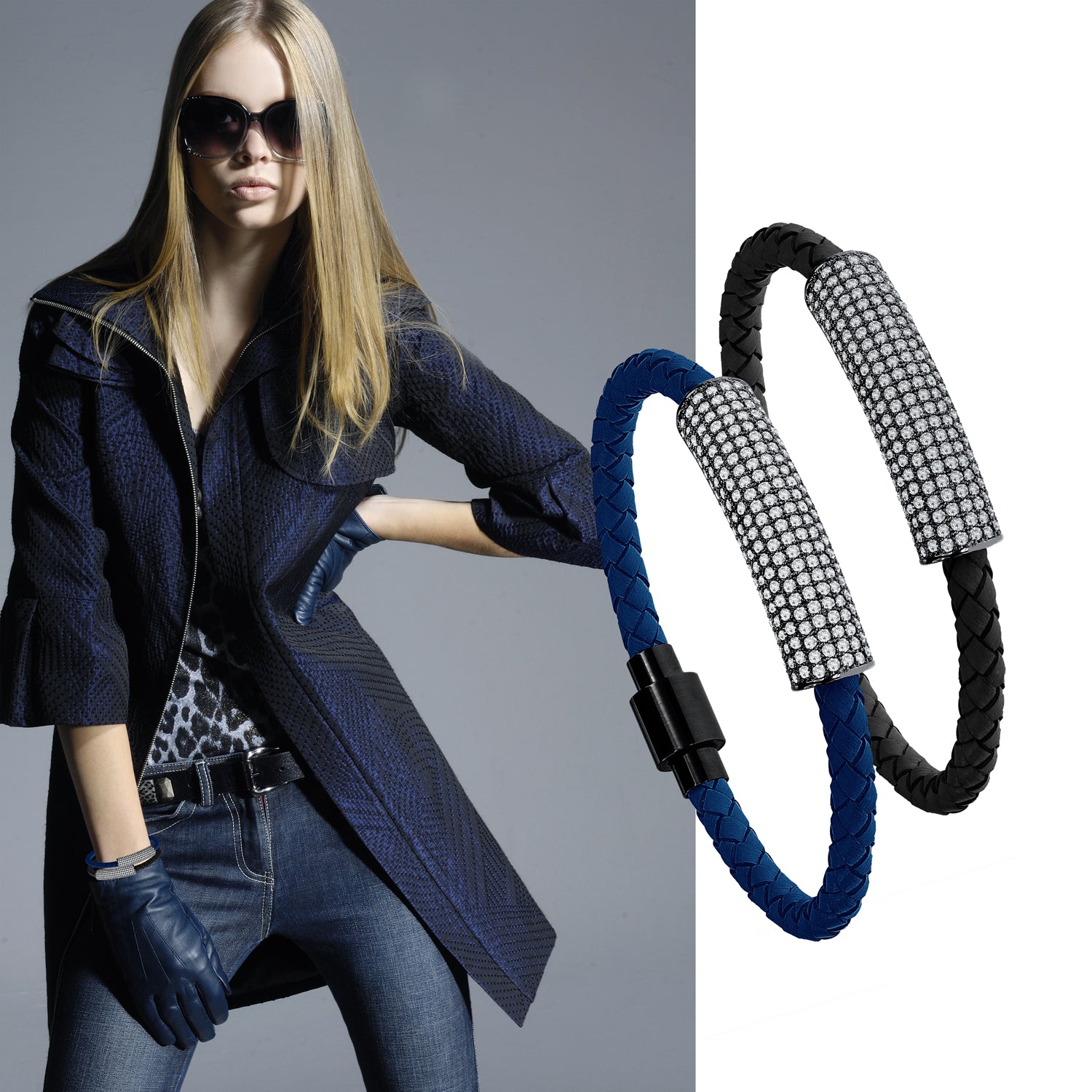 "Icon Forever" Woven Genuine Leather Bracelet - Hematite - Navy Blue
