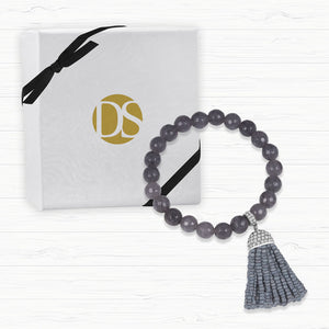 “Show that Tassel” Pave Crystals Semi-Precious Beaded Stretch Bracelet  Silver Tone