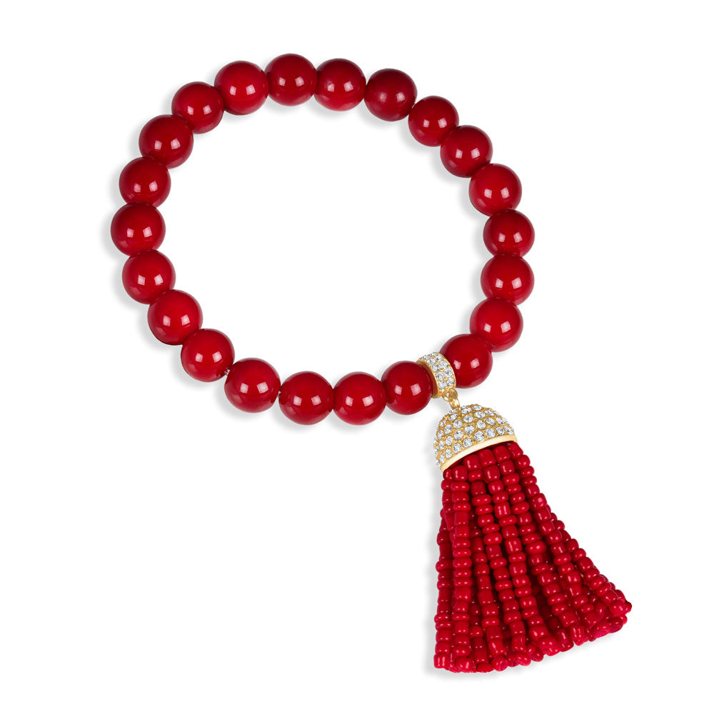 “Show that Tassel” Pave Crystals Semi-Precious Beaded Stretch Bracelet