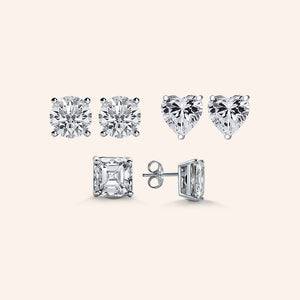 "Three Ways to Shine" 3.0ctw Round, Heart and Princess Cut set of Sterling Silver Post Earrings