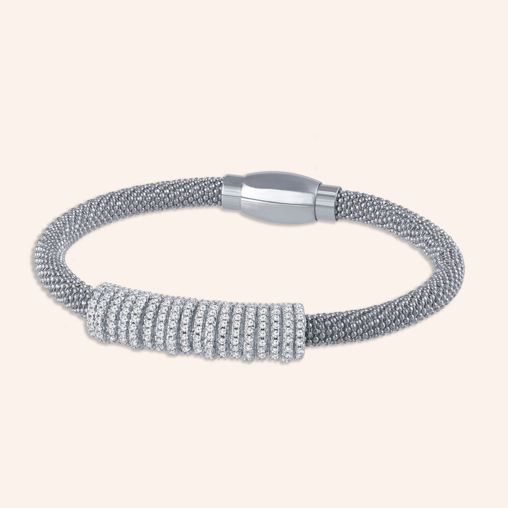 "Everlast Icon" Micro-Pave Center Station Diamond Cut Mesh Magnetic Closure Bracelet
