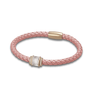 "Charming Baguette" Woven Genuine Leather Bracelet - Rose Gold - Light Pink