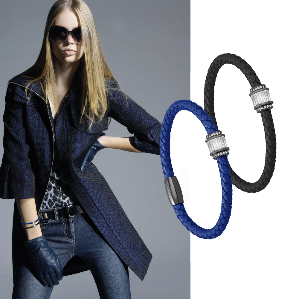 "Charming Baguette" Woven Genuine Leather Bracelet - Hematite - Blue