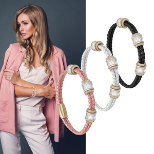 "Alluring Baguette" 2 Row Woven Genuine Leather Bracelet