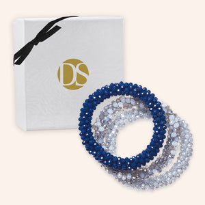 "Sets of Bloom" 3 Handcrafted Faceted Crystal Beaded Stretch Bracelets - Denims