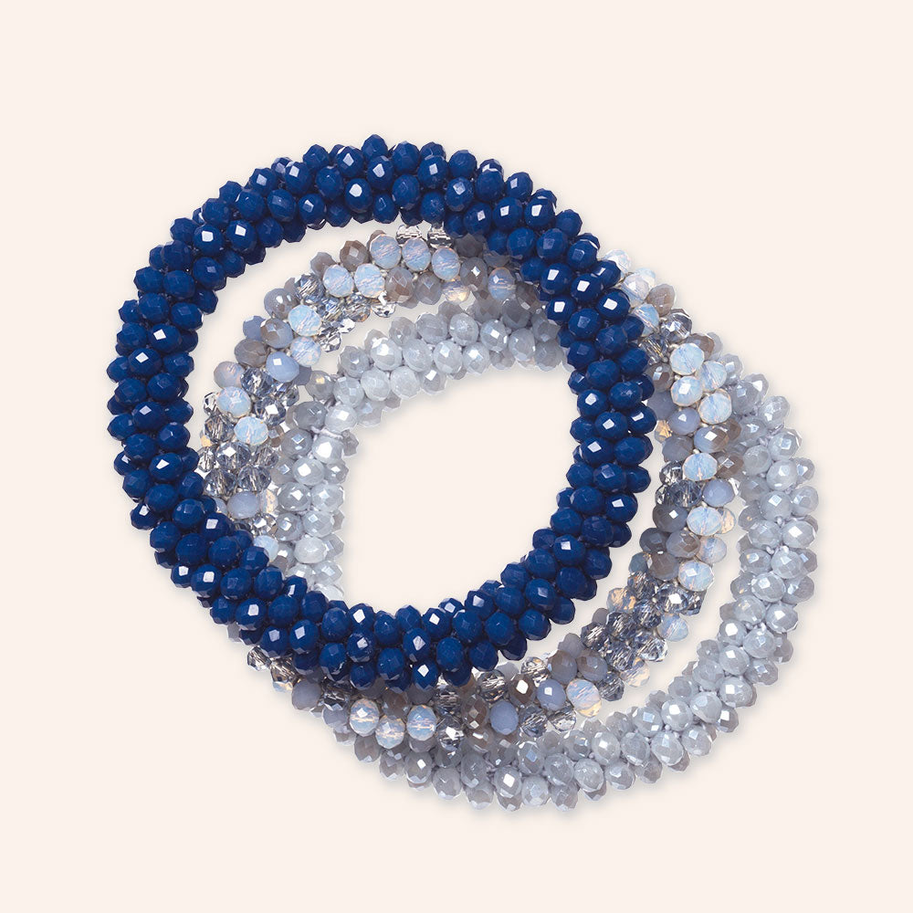 "Sets of Bloom" 3 Handcrafted Faceted Crystal Beaded Stretch Bracelets - Denims