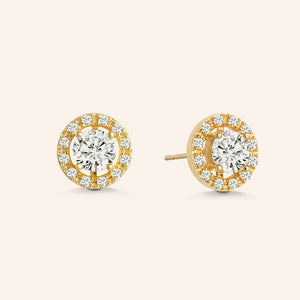 "Delicate Glare" 1.8CTW Round Halo Stud Earrings - Gold Vermeil Sterling Silver