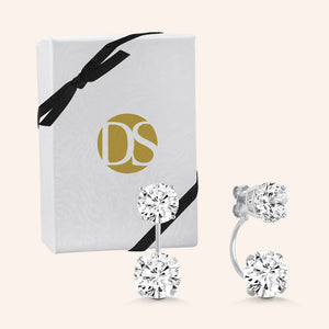 "Trendy Duet" 6.5CTW 2 Round Cut Stones Front Back Earrings - Sterling Silver / Gold Vermeil