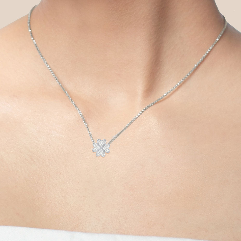 Forever Mine 1.0CTW Pave 4 Petals Clover Pendant Necklace Silver DSF Jewels