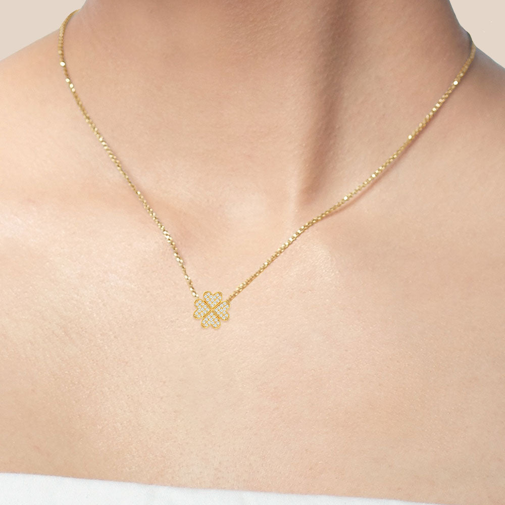 "Forever Mine" 1.0CTW Pave 4 Petals Clover  Pendant Necklace - Gold