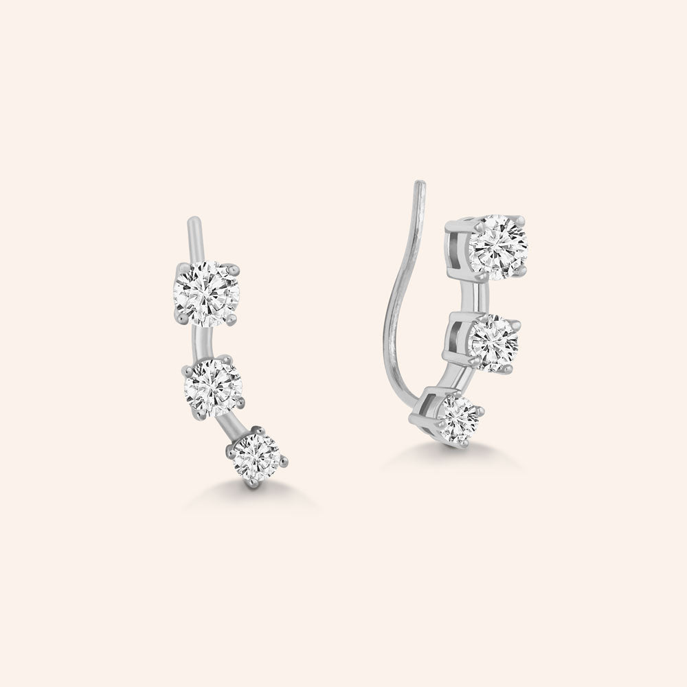 "Noble Trio" 1.0CTW Graduated Round Cut 3 Stone Climber Earrings - Sterling Silver / Gold Vermeil