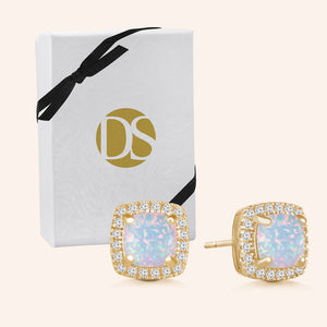 "Just For Me" 1.0CTW Square Opal Halo Stud Earrings  - Sterling Silver / Gold Vermeil