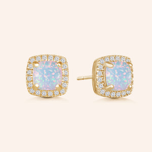 "Just For Me" 1.0CTW Square Opal Halo Stud Earrings  - Sterling Silver / Gold Vermeil