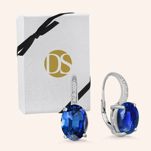 "Nicole" Oval Cut Sapphire Blue Drop Earrings - Silver